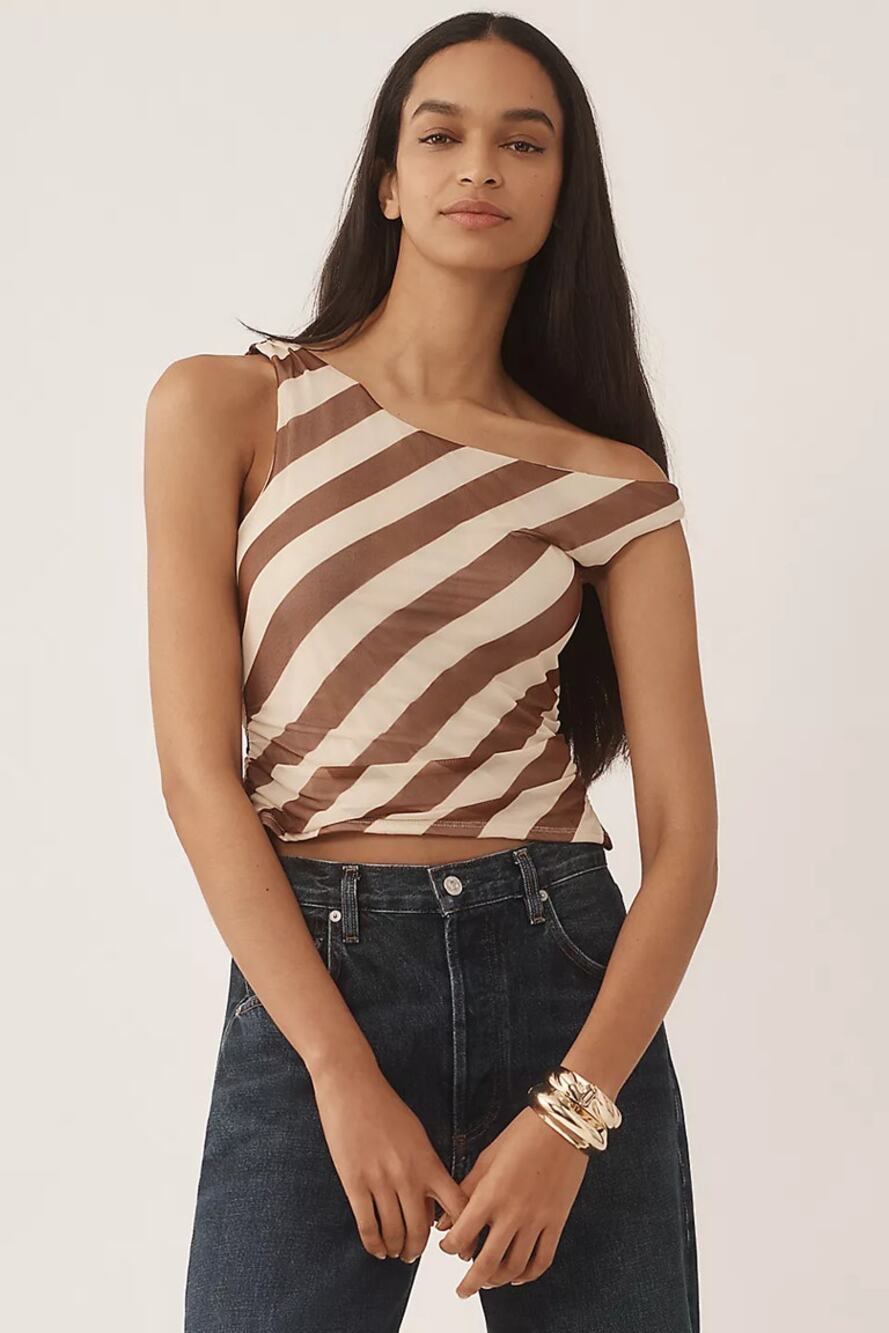 Anthropologie 4SI3NNA Sleeveless Mesh Twist Striped Off Shoulder Top Brown S